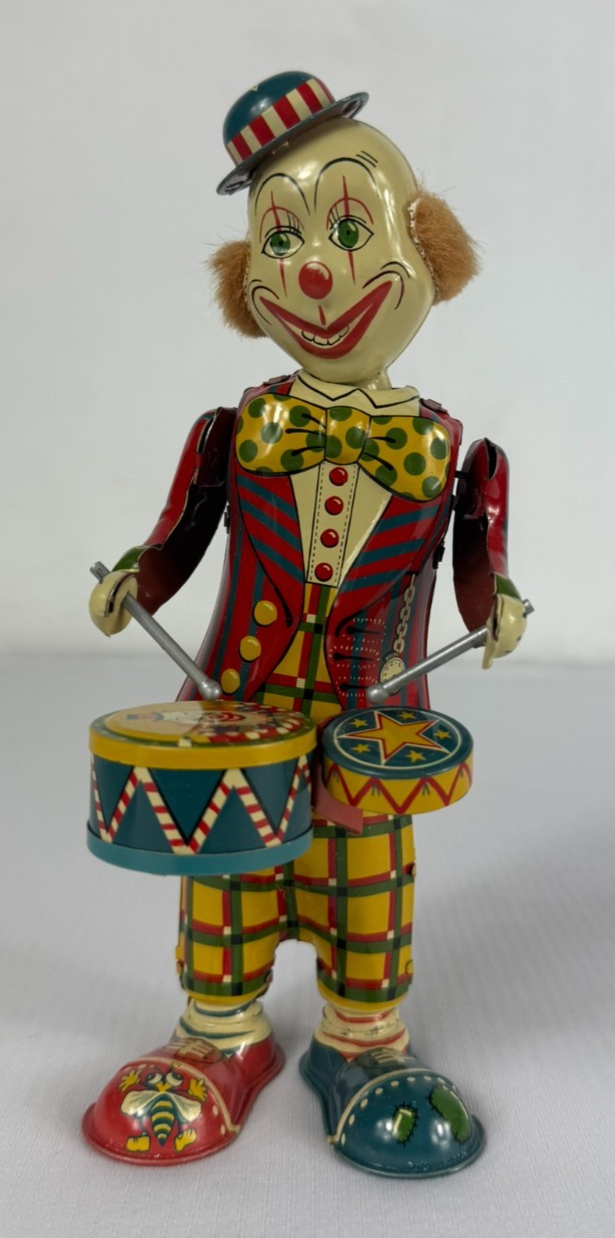 Vintage Bozo the Clown Tin Wind-Up Toy by T.K. Toys Japan w/ Box & Paper
