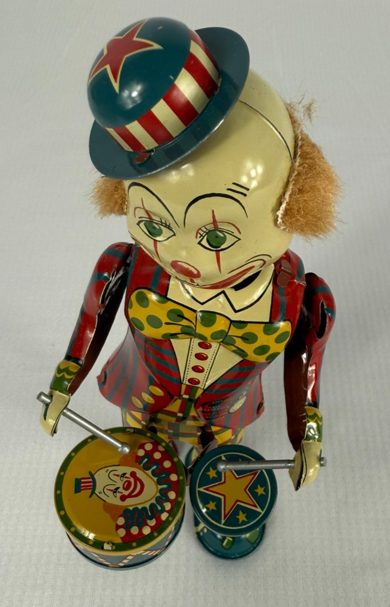 Vintage Bozo the Clown Tin Wind-Up Toy by T.K. Toys Japan w/ Box & Paper