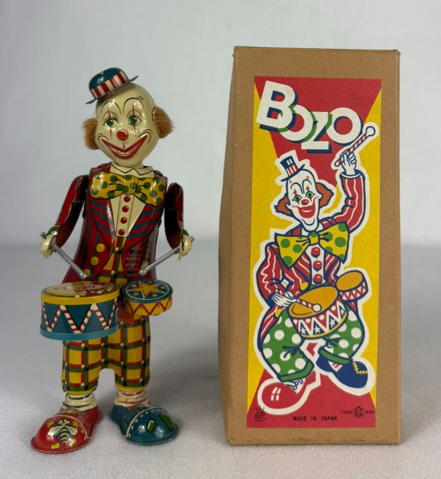 Vintage Bozo the Clown Tin Wind-Up Toy by T.K. Toys Japan w/ Box & Paper