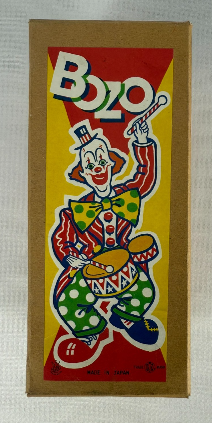 Vintage Bozo the Clown Tin Wind-Up Toy by T.K. Toys Japan w/ Box & Paper