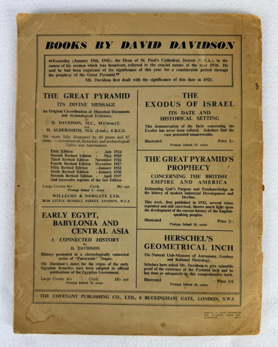 The Hidden Truth in Myth & Ritual – David Davidson 2nd Ed 1940 Pyramid Metrology