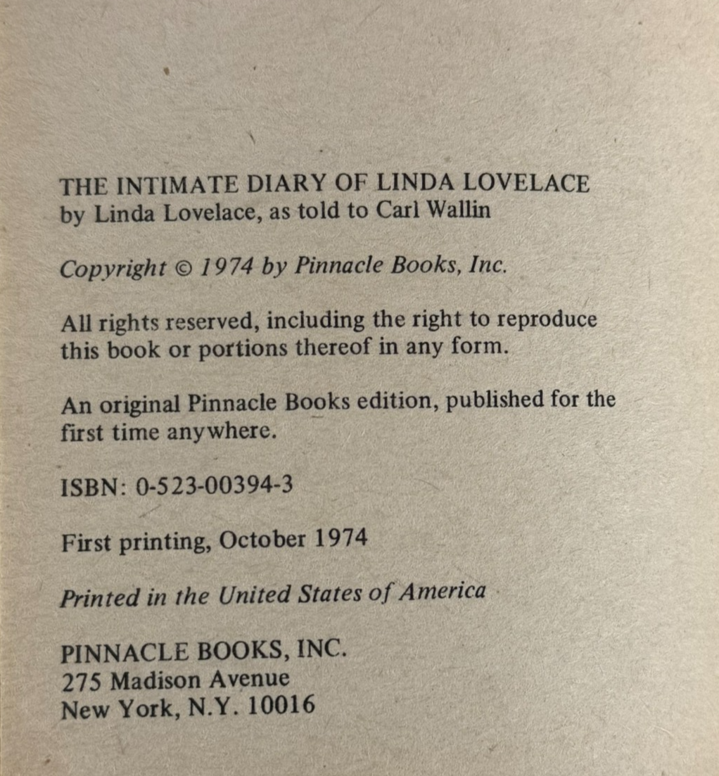 The Intimate Diary of Linda Lovelace 1974 1st Printing w/ Foldout Photo
