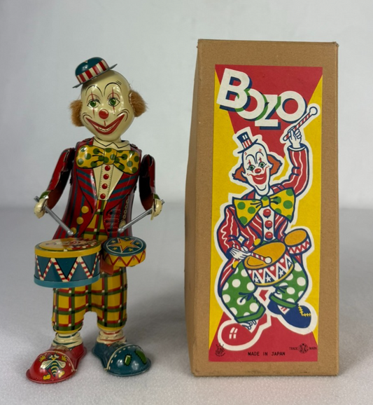 Vintage Bozo the Clown Tin Wind-Up Toy by T.K. Toys Japan w/ Box & Paper